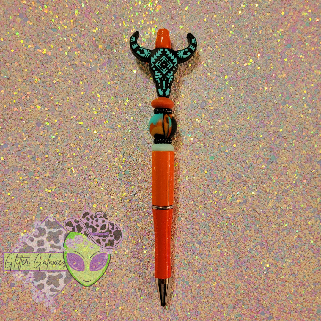 Orange and Turquoise Aztec Steer Skull Pen