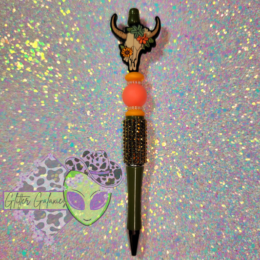 Floral Bull Skull Bling Pen