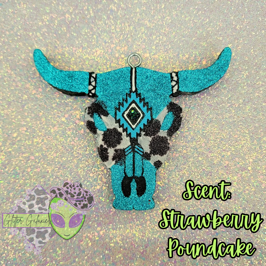 Turquoise Cowprint Bullskull Freshie