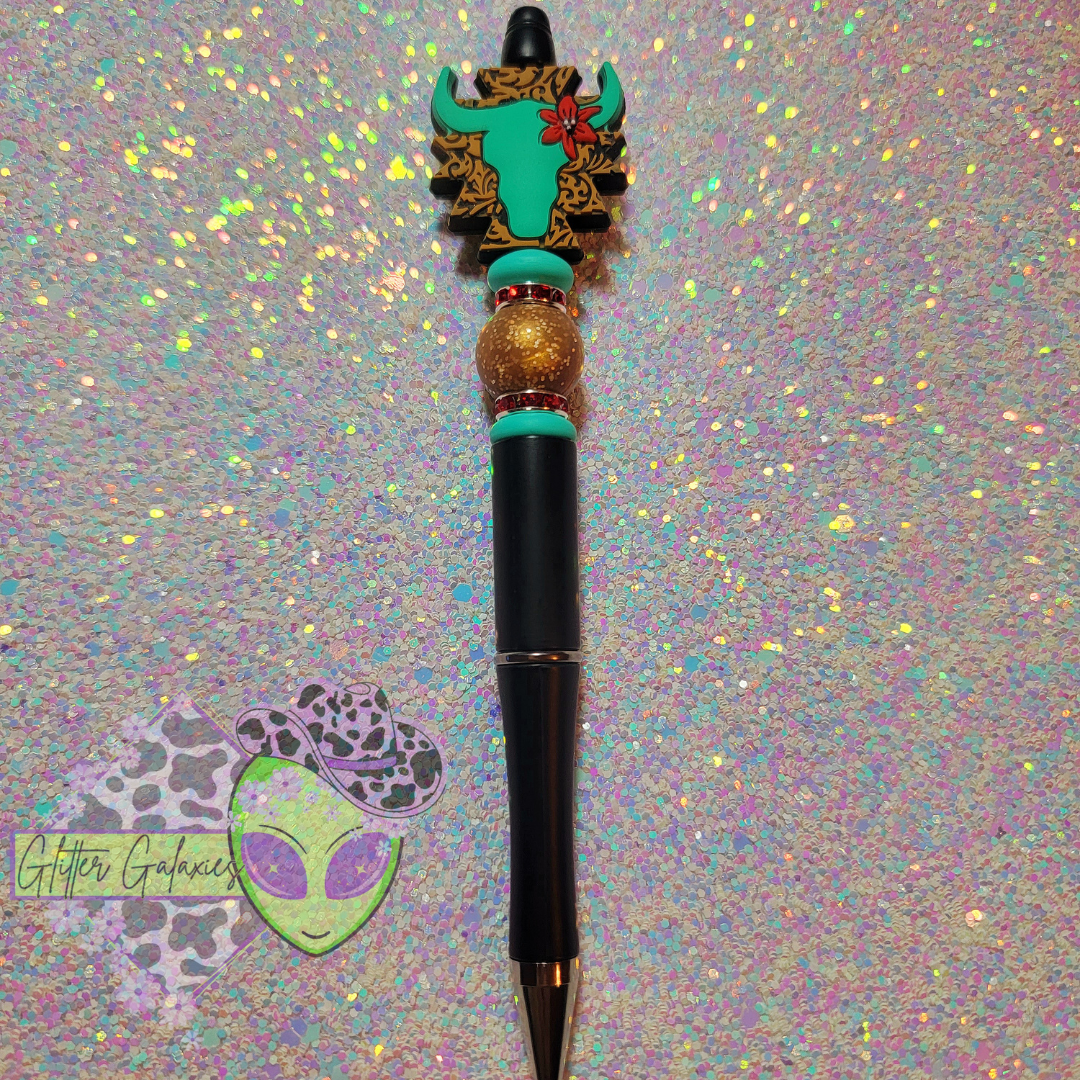 Gold and Teal Bull Skull Pen