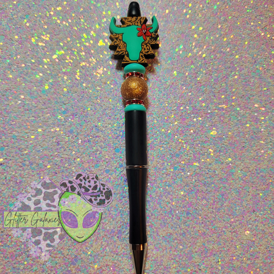 Gold and Teal Bull Skull Pen